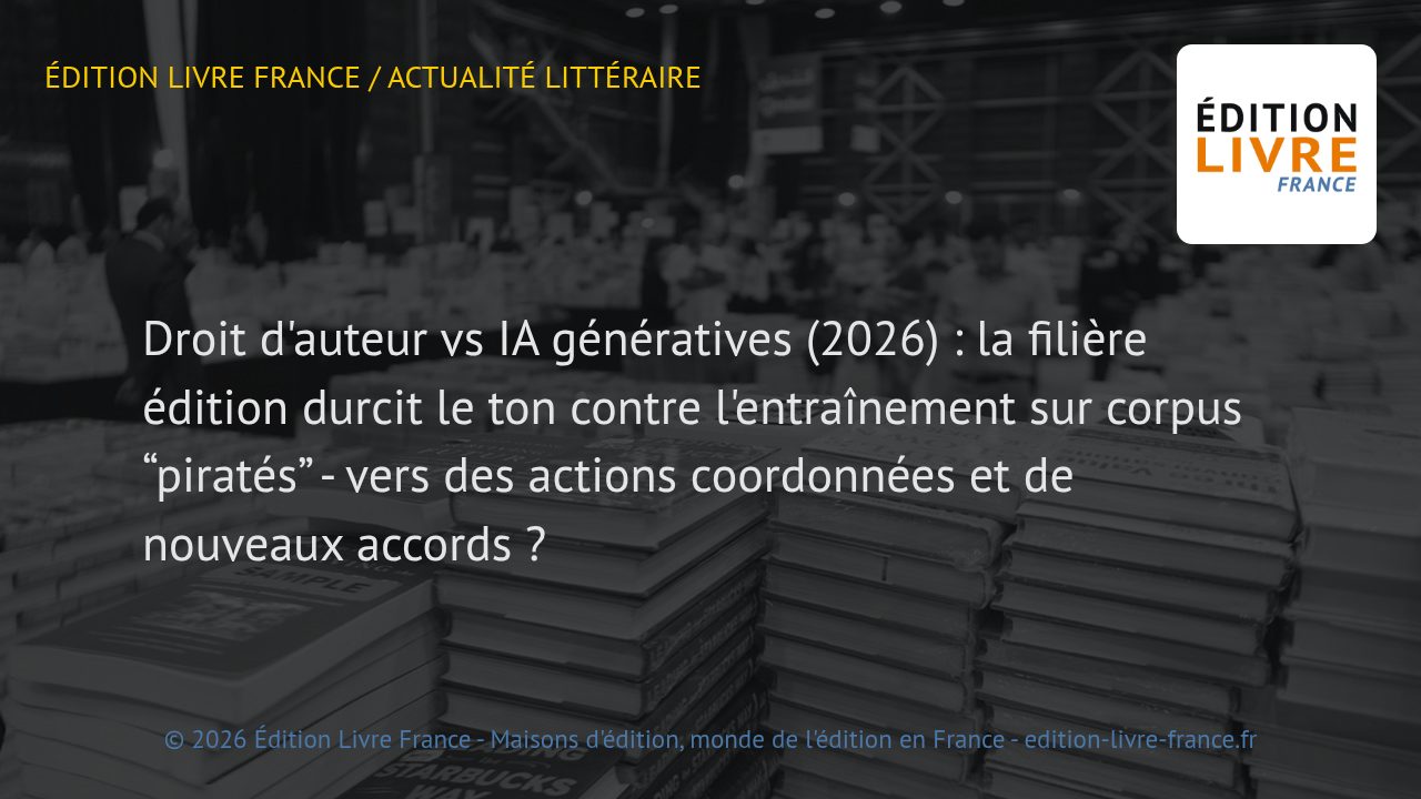 Visuel de l'article Droit d'auteur vs IA génératives (2026) : la filière édition durcit le ton contre l'entraînement sur corpus “piratés” - vers des actions coordonnées et de nouveaux accords ?
