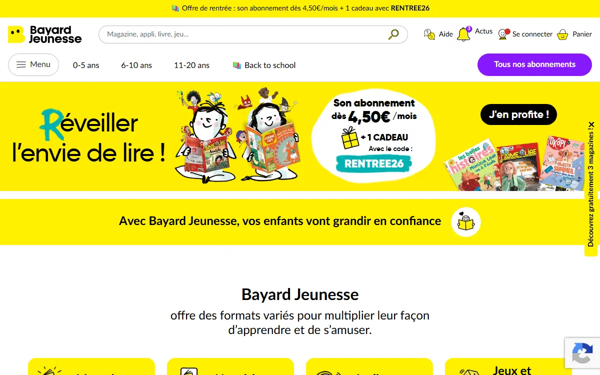 Aperçu du site officiel de Bayard Jeunesse