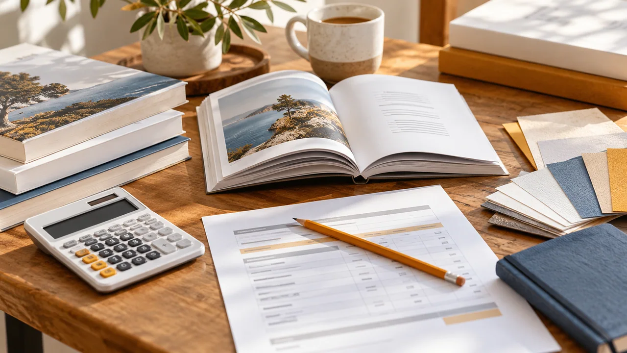 Illustration générée par IA : Un devis, une calculatrice et un exemplaire de livre servent à préparer un budget.