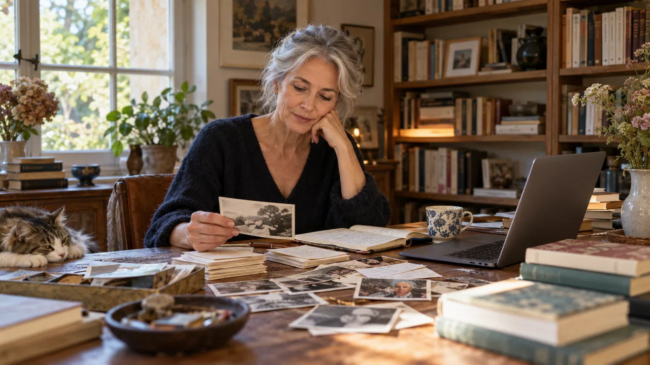 Illustration : Une autrice classe ses notes et ses souvenirs pour un récit de vie.