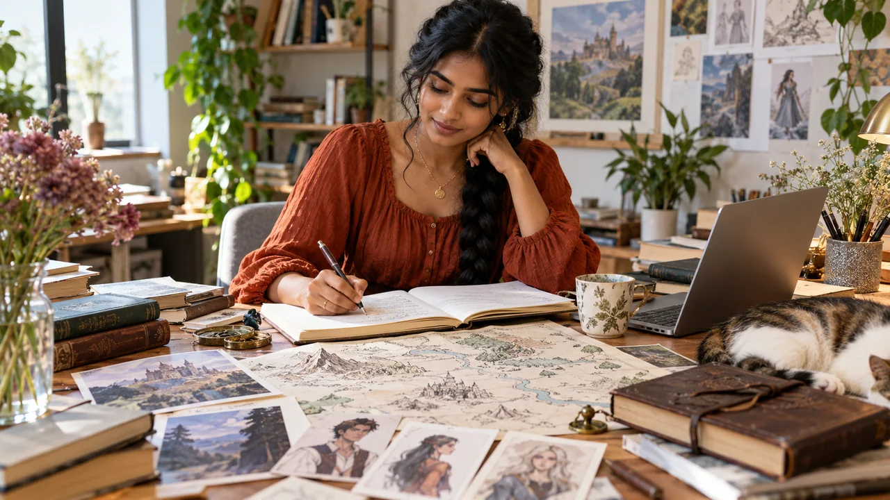 Illustration générée par IA : Une autrice prépare l’univers et les personnages d’un projet de romantasy.