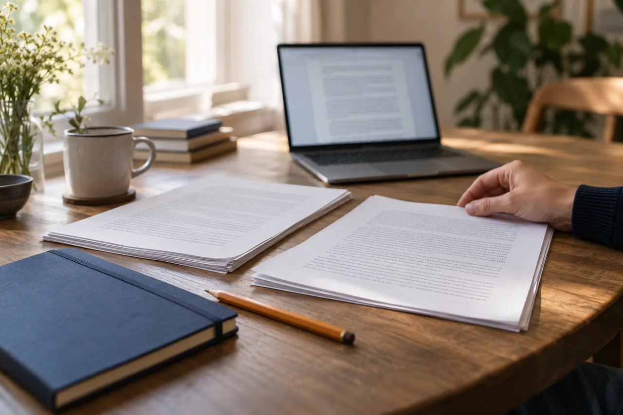 Illustration générée par IA : manuscrit, carnet et ordinateur sur une table de révision