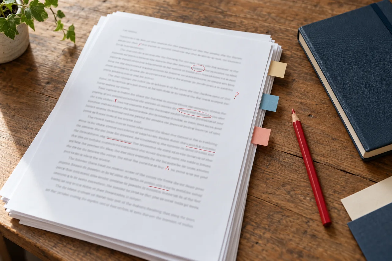 Illustration IA : pages de manuscrit annotées au crayon rouge sur un bureau.