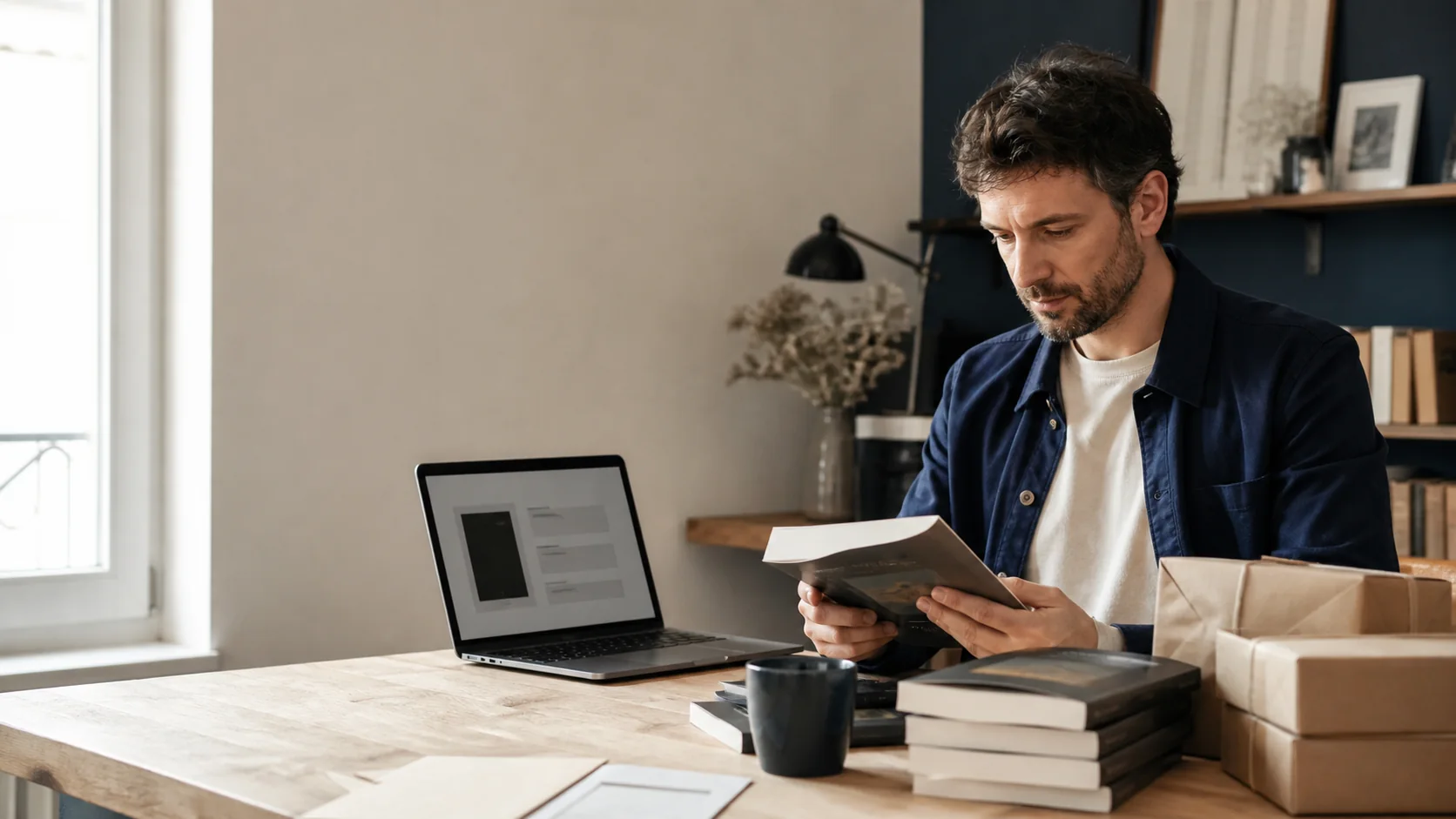Auteur préparant la présentation de son livre