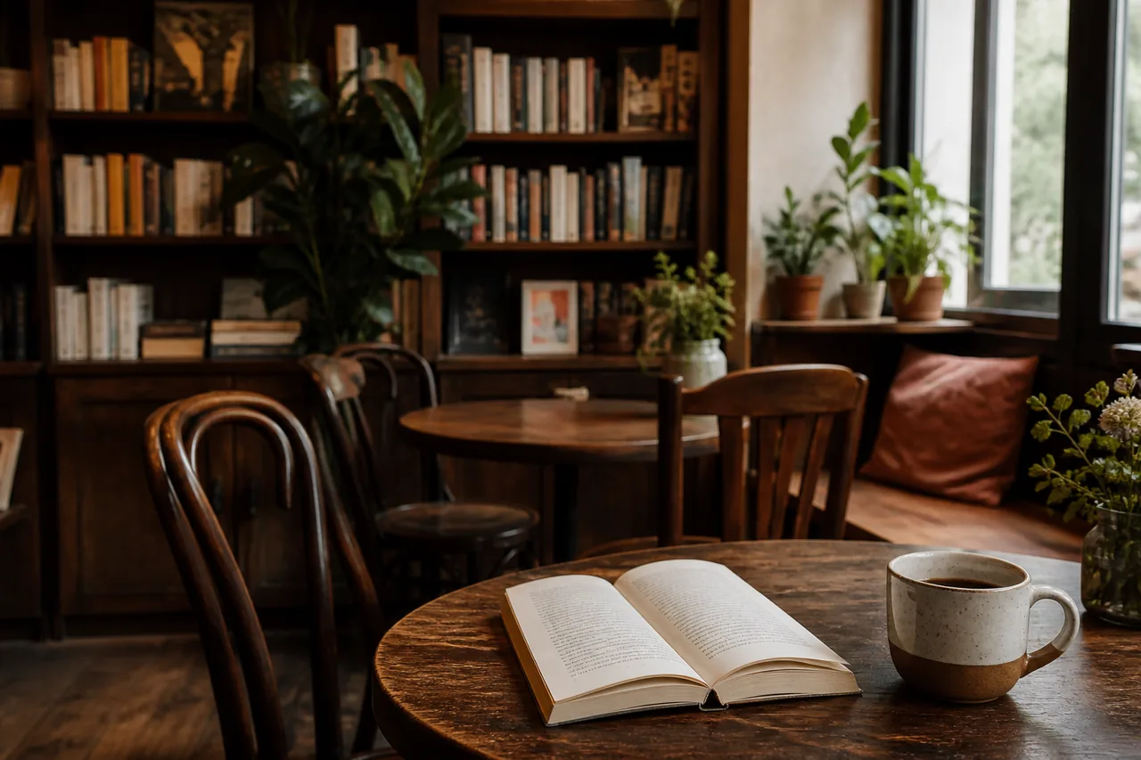 Livre ouvert dans un café littéraire entouré de rayonnages