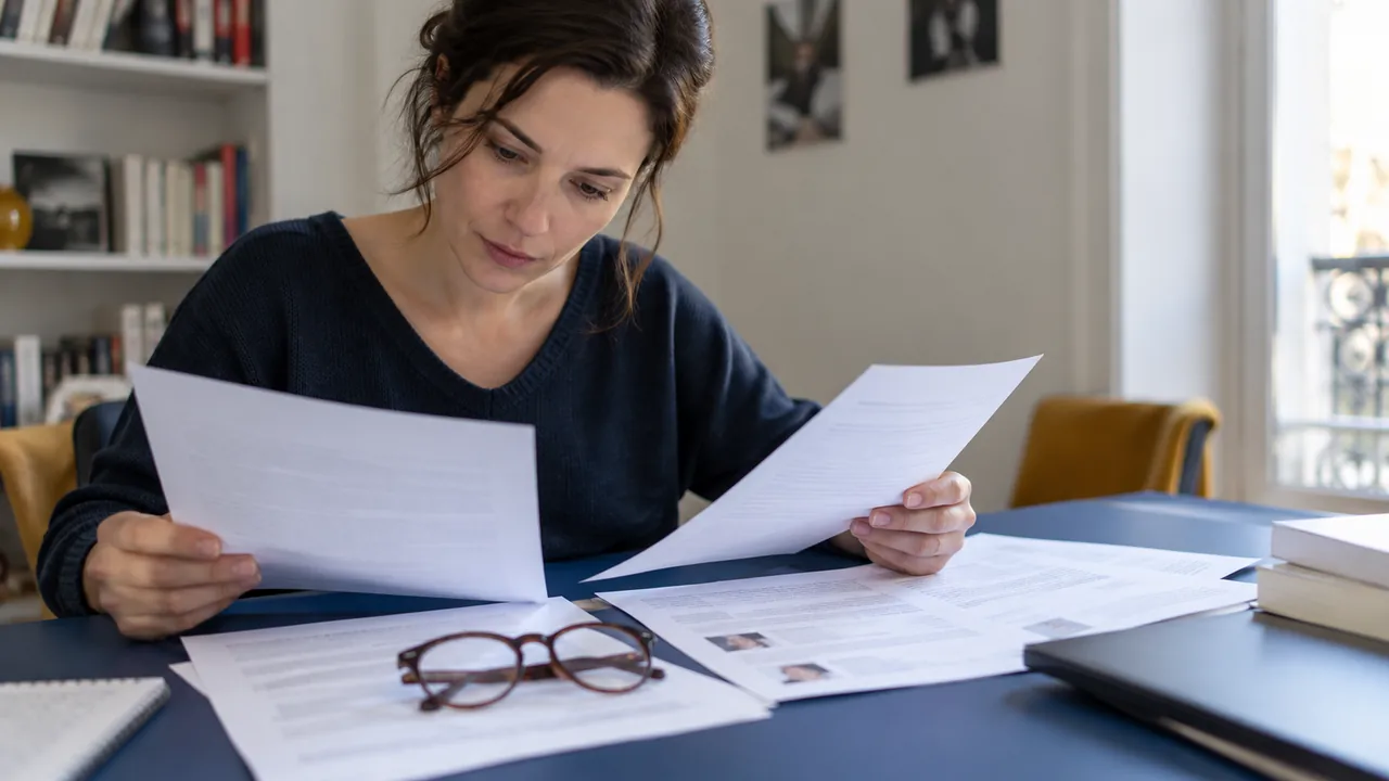 Lectrice comparant des avis et un contrat imprimés