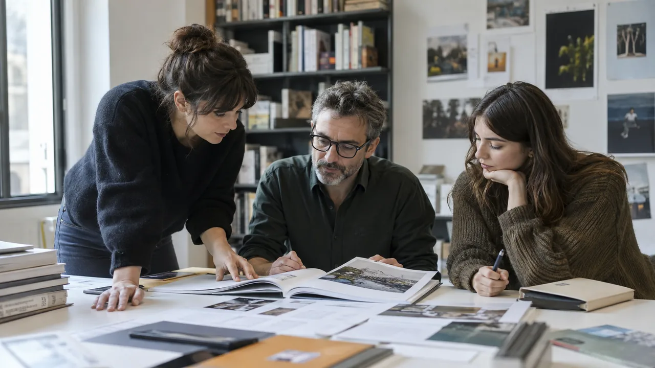 Équipe éditoriale examinant une maquette de livre