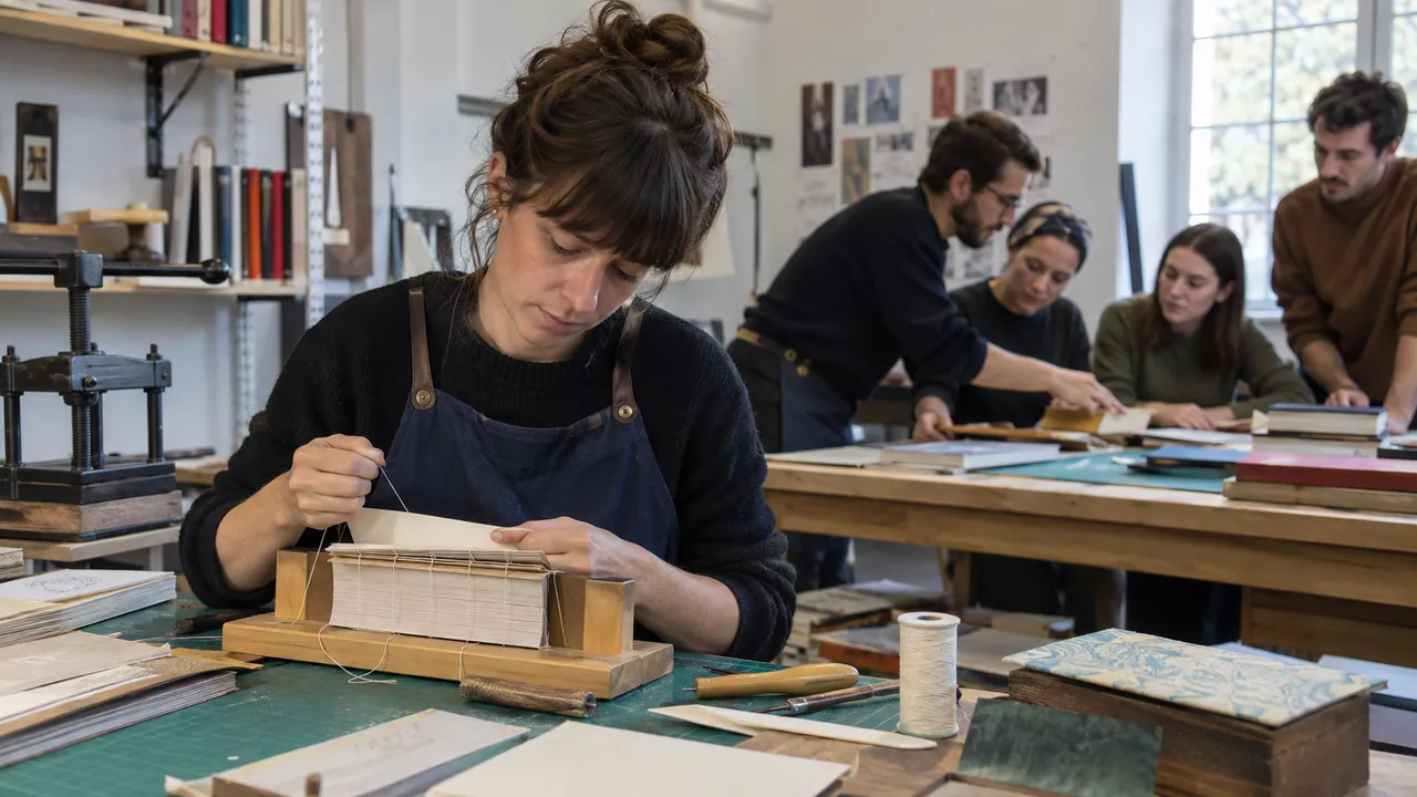Étudiants suivant un cours sur la fabrication du livre