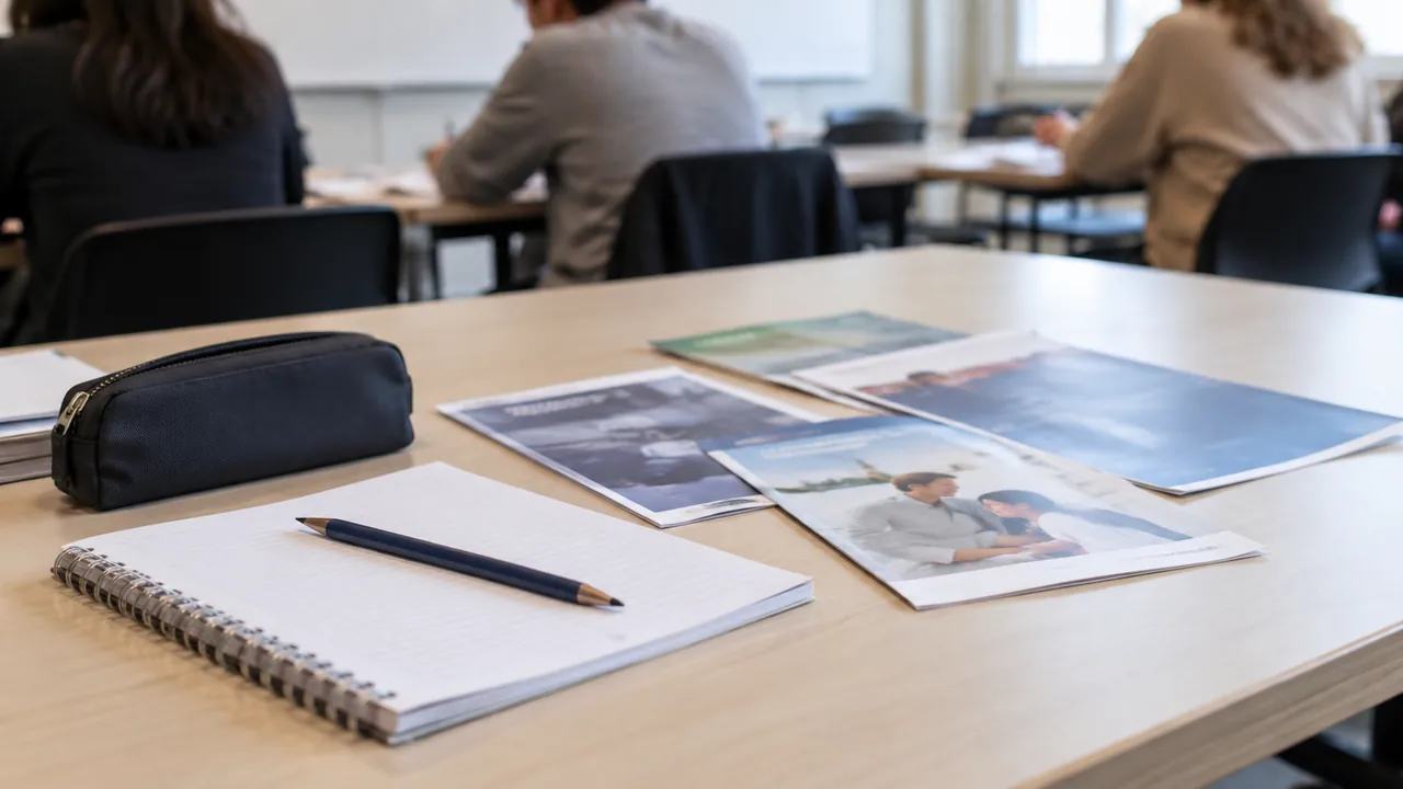 Brochures de formation et cahier de notes sur une table