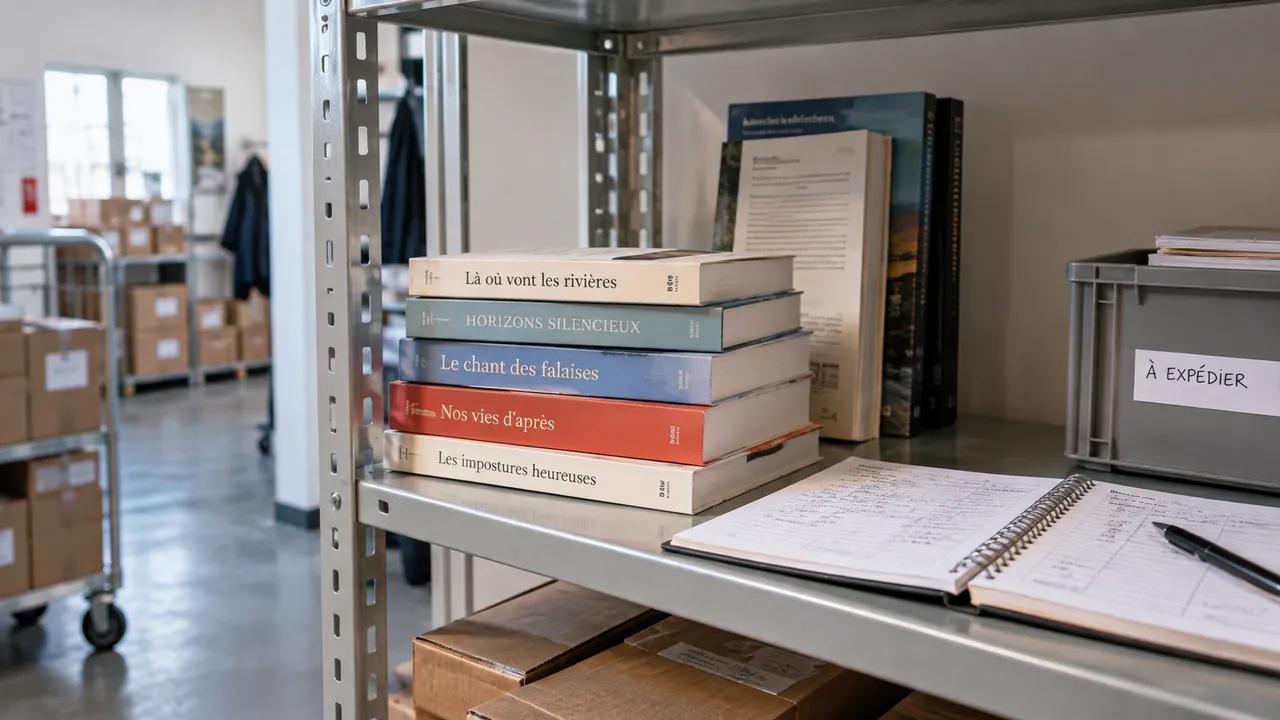 Petit stock de livres et carnet de suivi sur une étagère