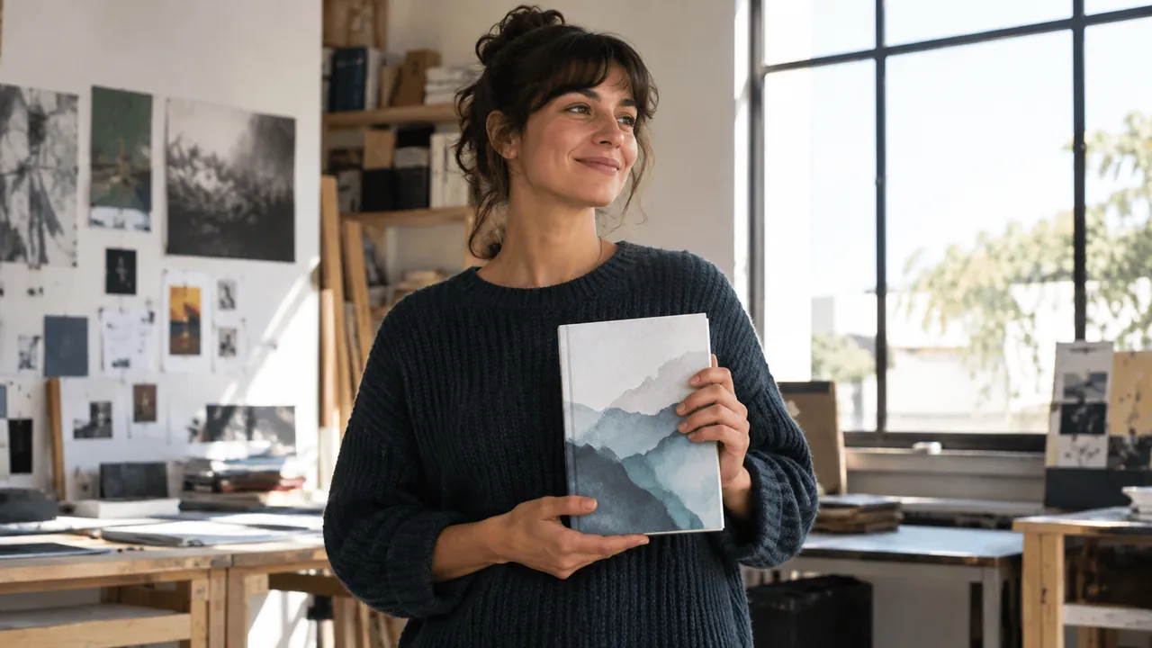 Autrice tenant son premier livre autoédité