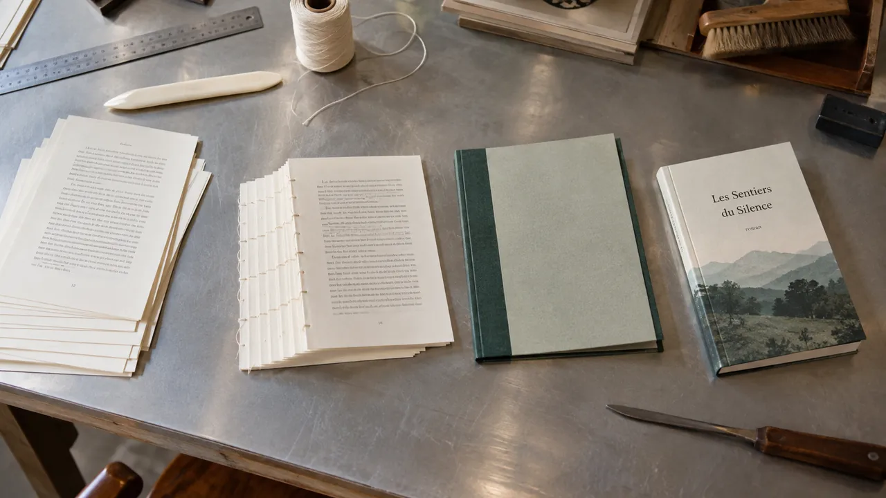 Étapes de fabrication d’un livre disposées sur un établi
