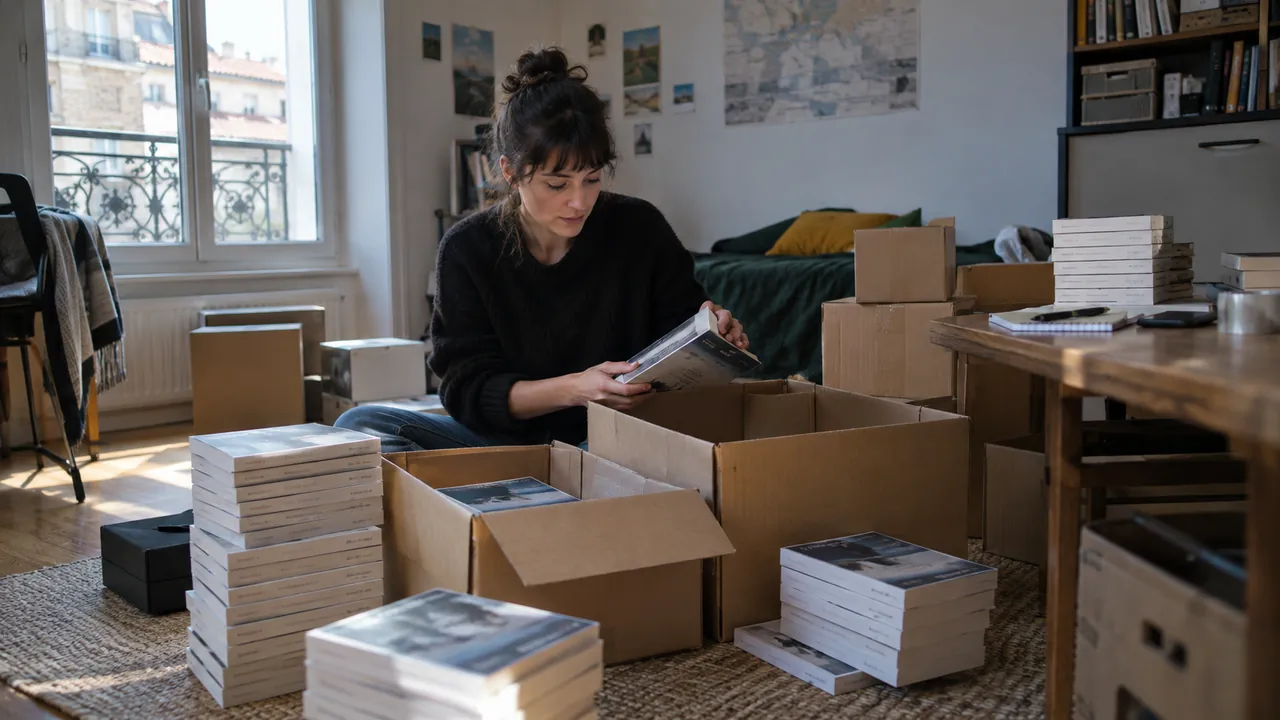 Auteur seul devant des cartons de son livre dans un petit local