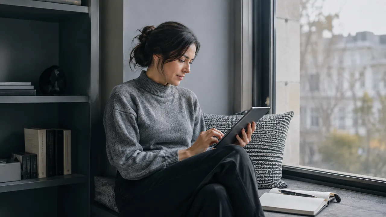 Professionnelle testant un ebook dans un espace calme