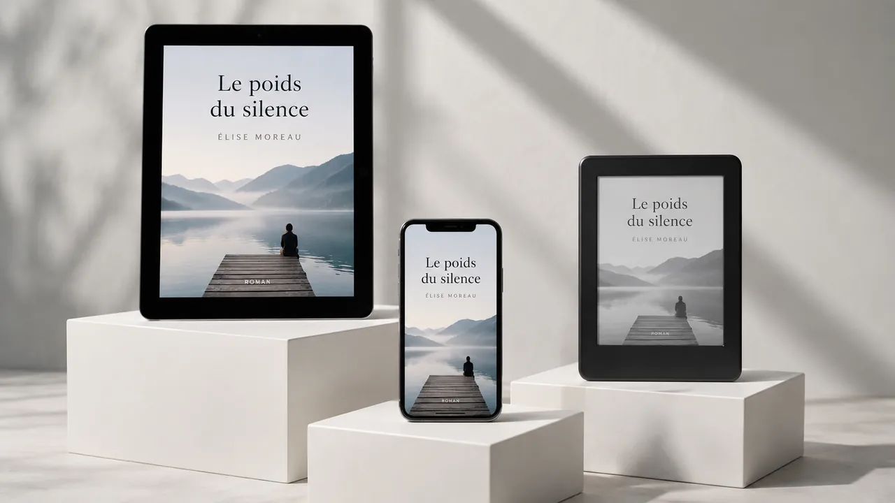 Tablette, téléphone et liseuse présentant un même livre abstrait