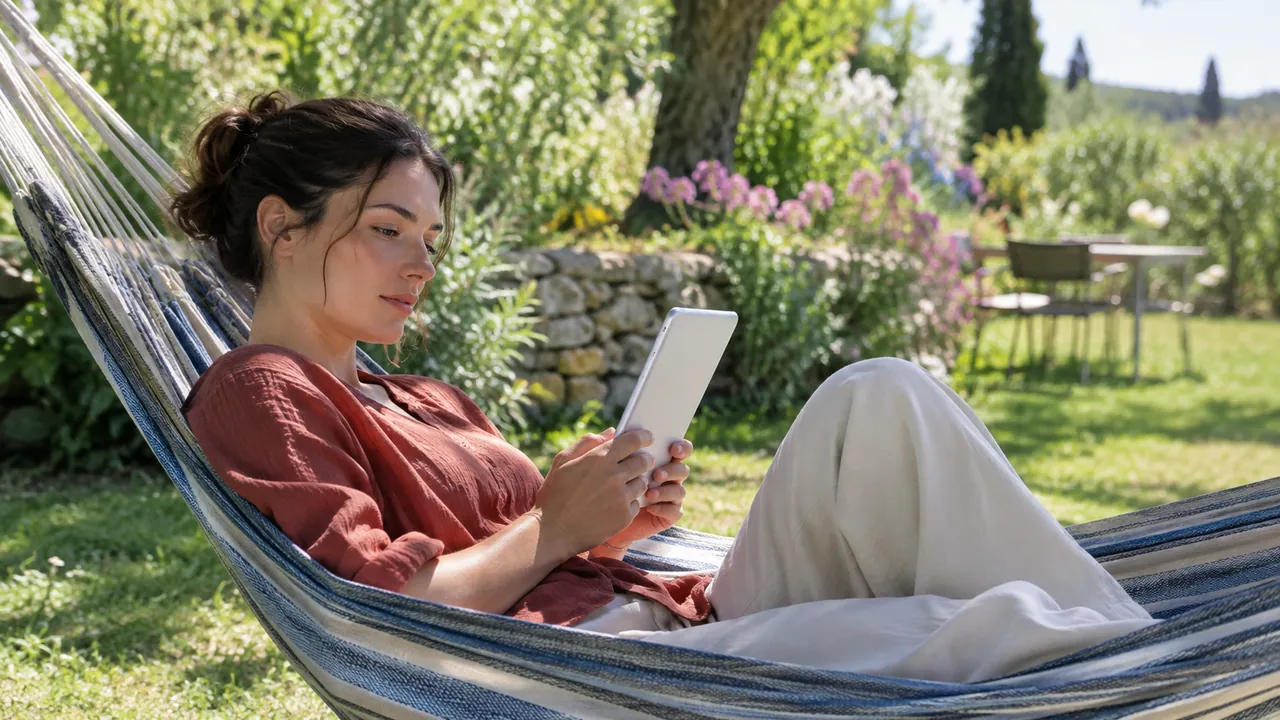 Lectrice lisant un livre numérique dans un hamac