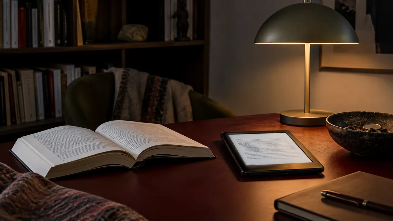Livre papier et liseuse éclairés de part et d’autre d’une lampe