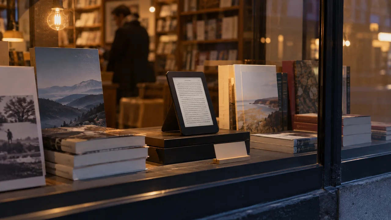 Liseuse présentée dans une vitrine de librairie