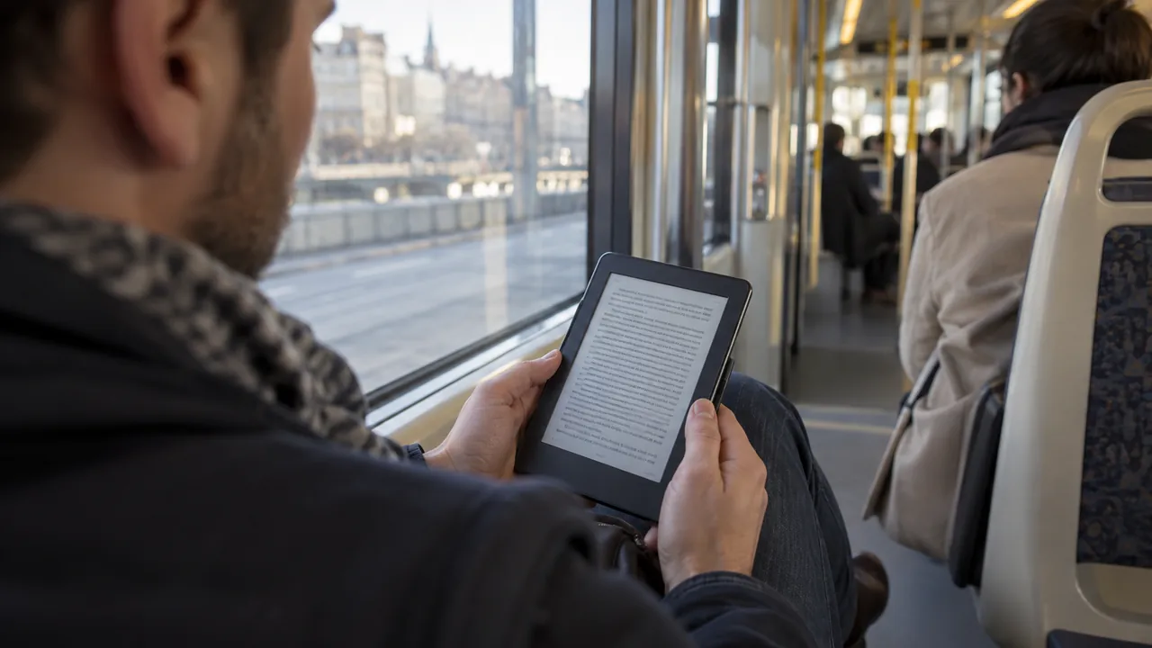 Voyageur lisant sur une liseuse dans un tramway