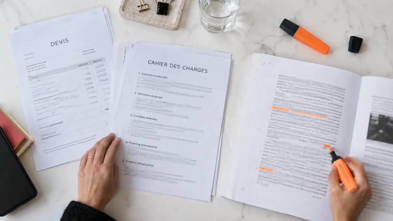 Devis et cahier des charges ouverts à côté d’une épreuve