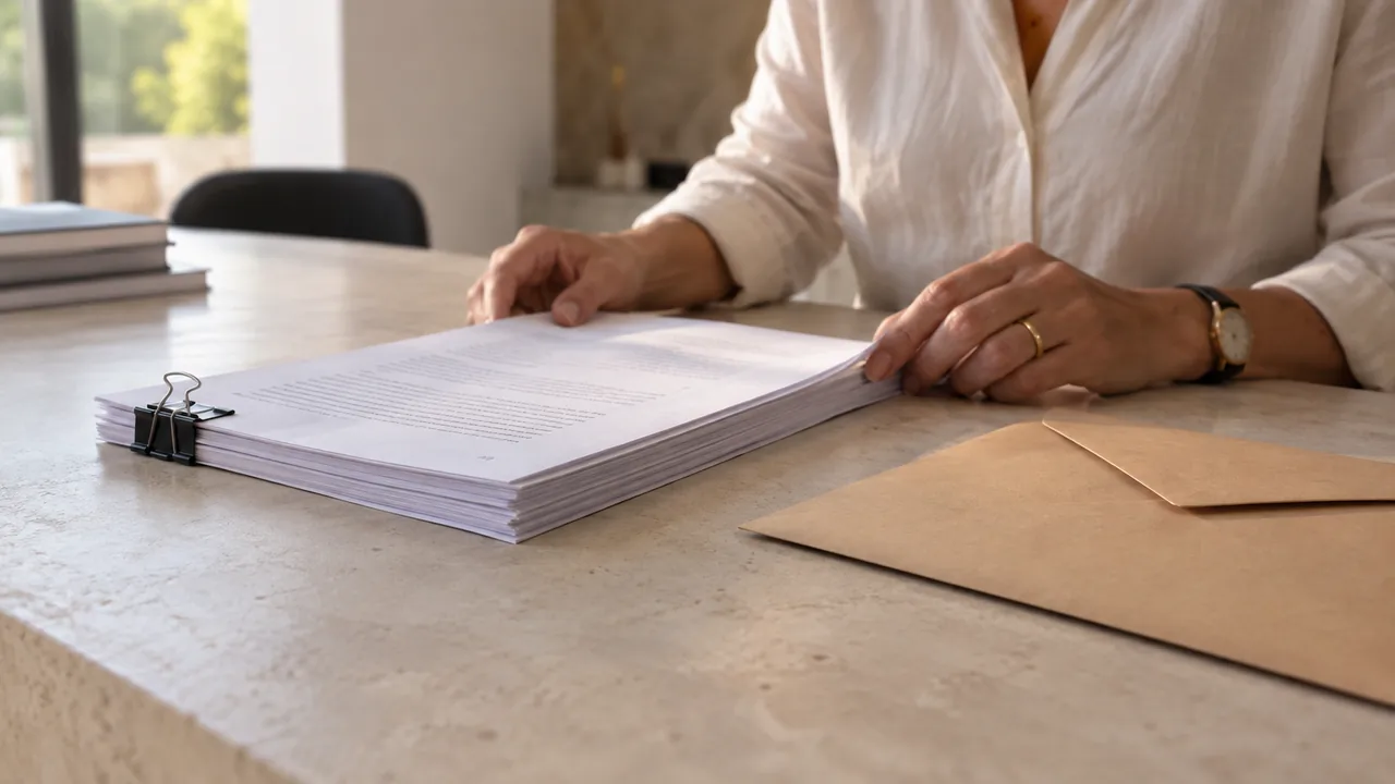 Manuscrit paginé attaché par une pince avec une enveloppe