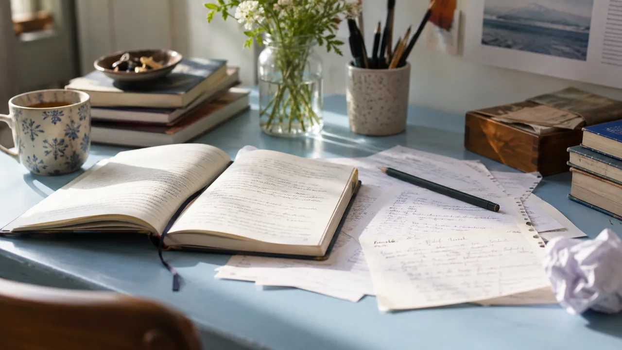 Carnets ouverts avec feuilles de brouillon sur une table bleu pâle