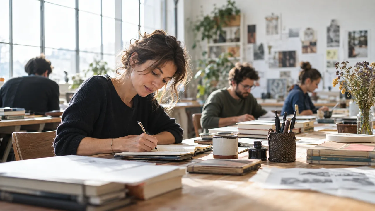 Écrivain au travail dans un atelier collectif lumineux