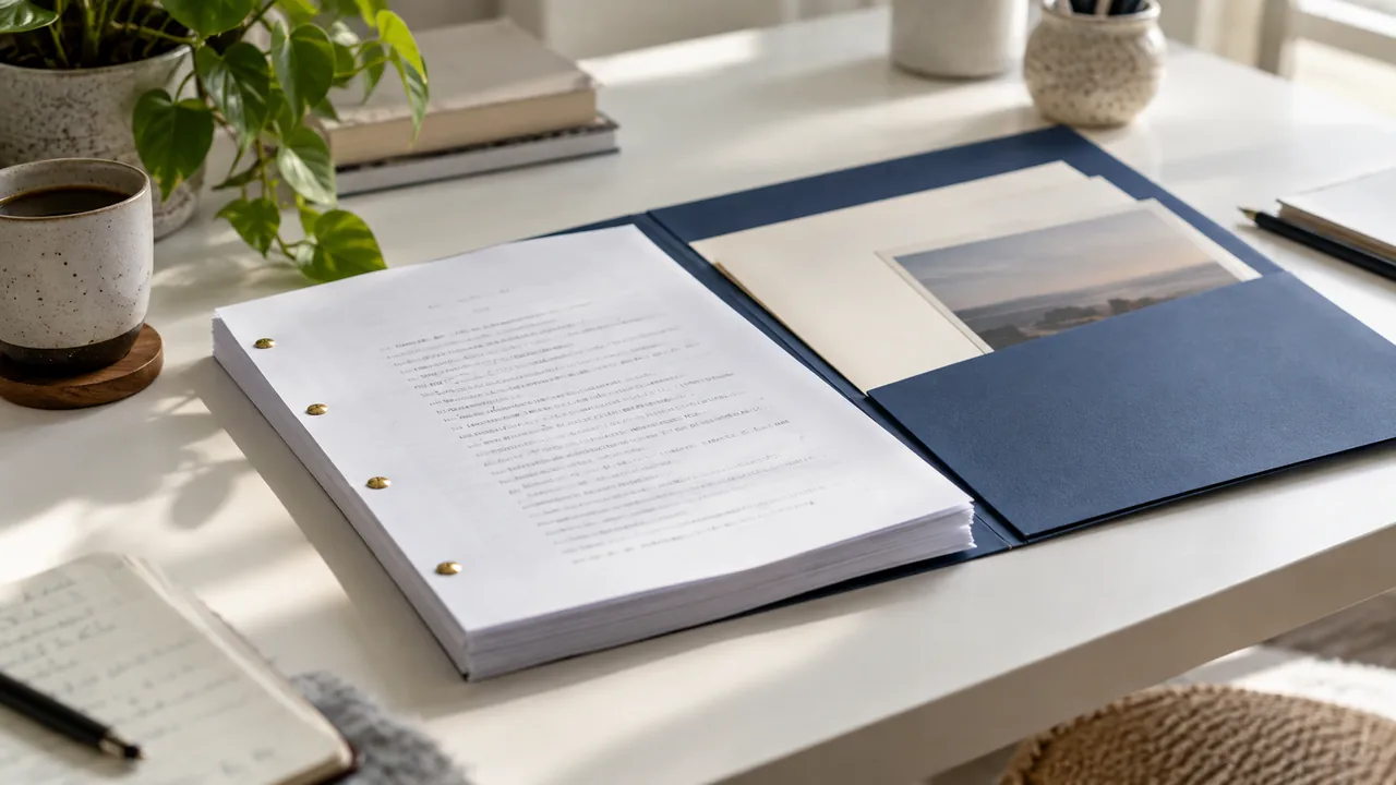 Manuscrit soigneusement assemblé avec dossier de présentation sur un bureau blanc