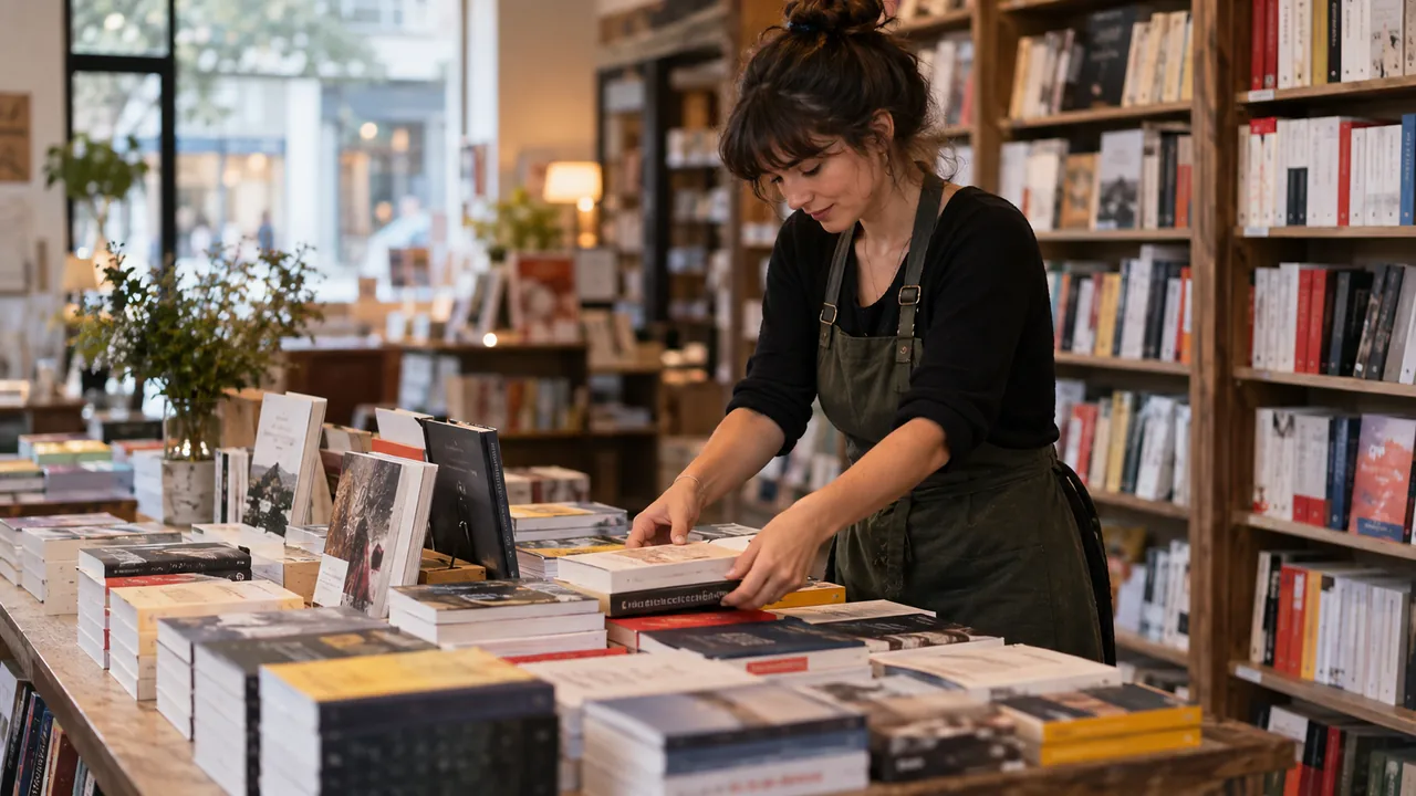 Libraire disposant des romans sur une table de nouveautés