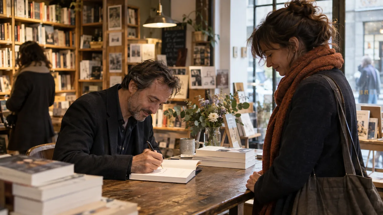 Auteur adulte signant un livre pour une lectrice dans une petite librairie