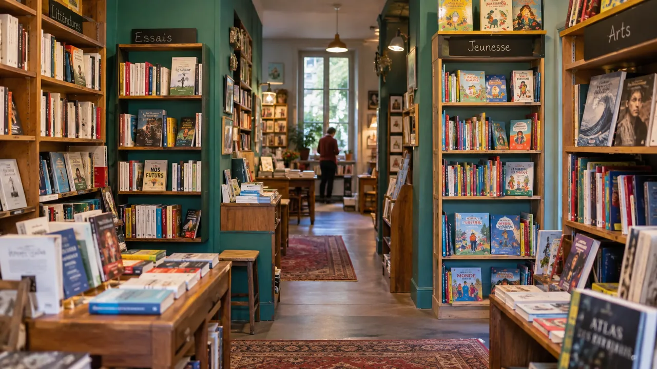 Librairie indépendante avec petits rayonnages thématiques