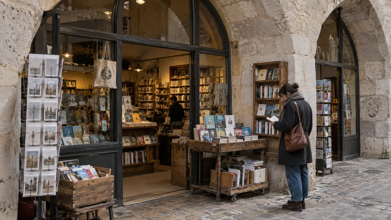 Librairie de village sous une arcade en pierre