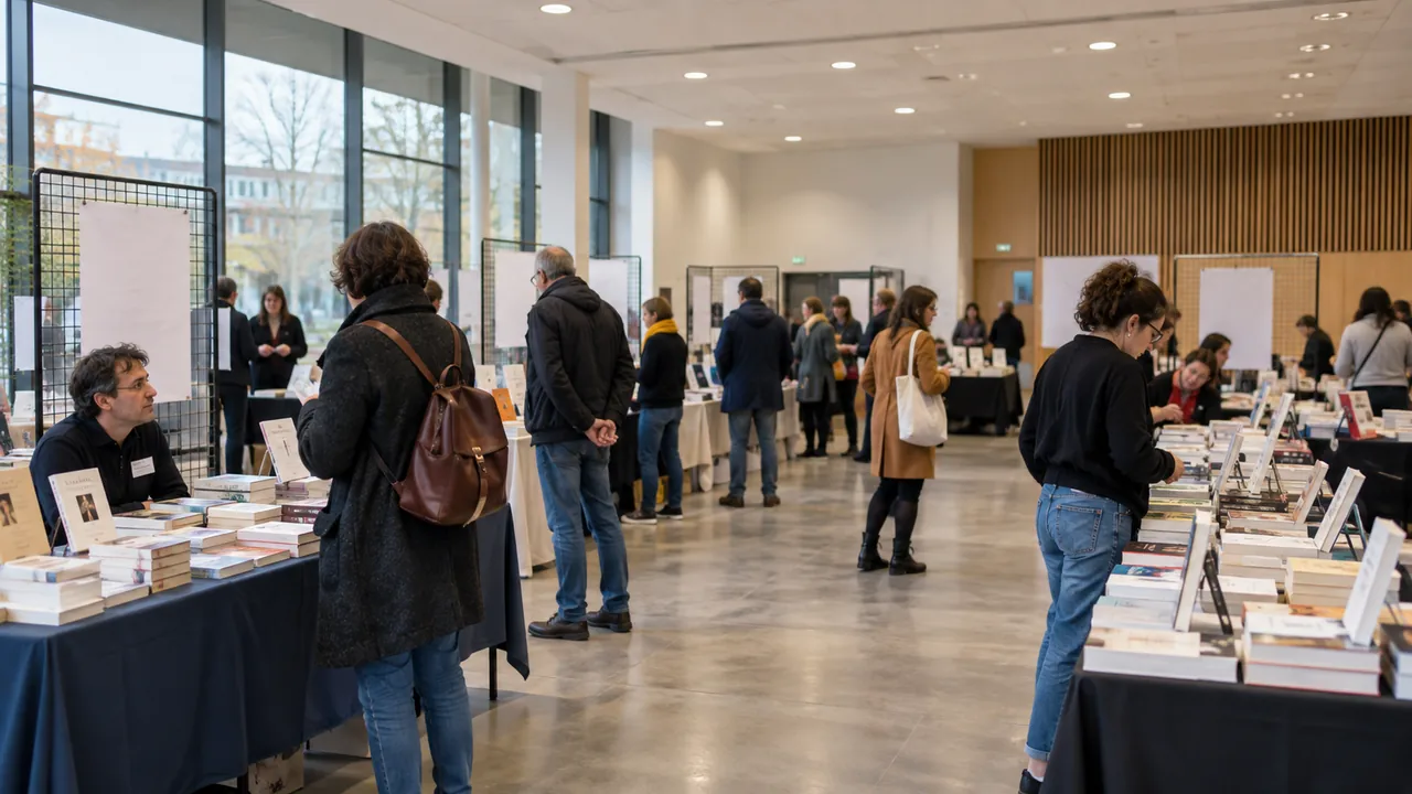 Petit salon du livre avec des stands et des visiteurs