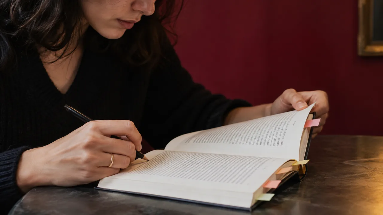Journaliste annotant un livre à l’aide de marque-pages