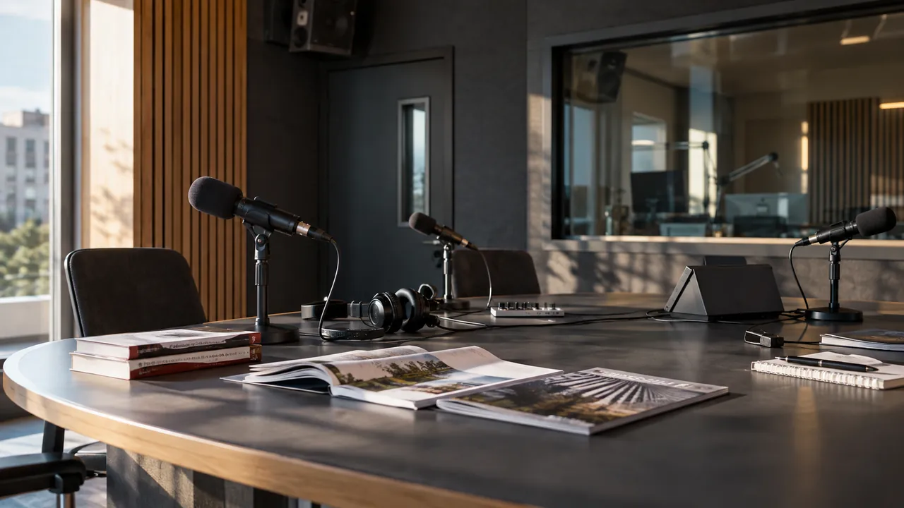 Microphones, casque et périodiques culturels sur un comptoir