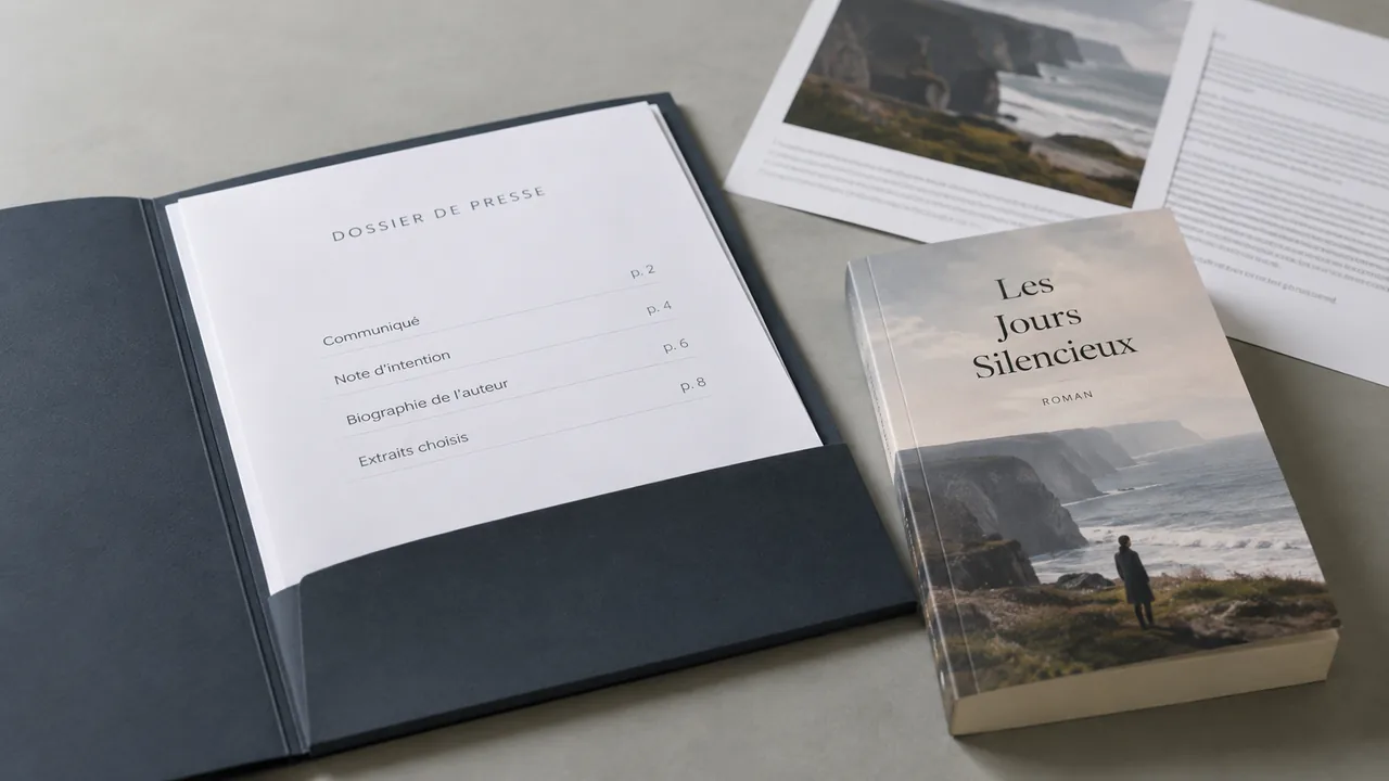 Chemise de presse fine ouverte à côté d’un exemplaire de livre