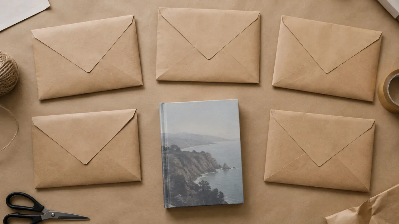 Cinq enveloppes et un livre préparés pour un envoi de presse