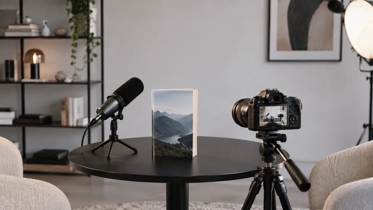 Livre placé entre un microphone et un appareil photo