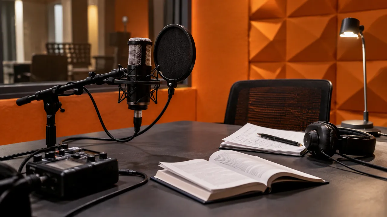 Enregistreur, casque, livre et feuillets de préparation