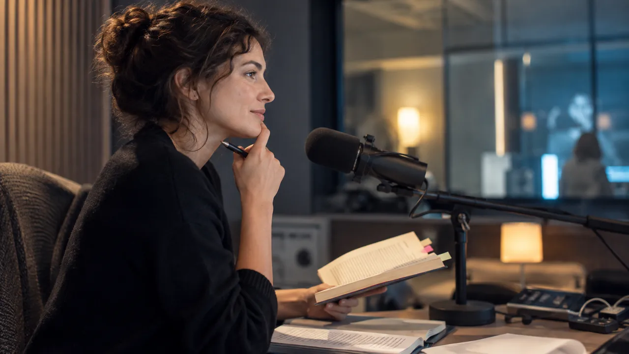 Animatrice préparant une interview littéraire en studio