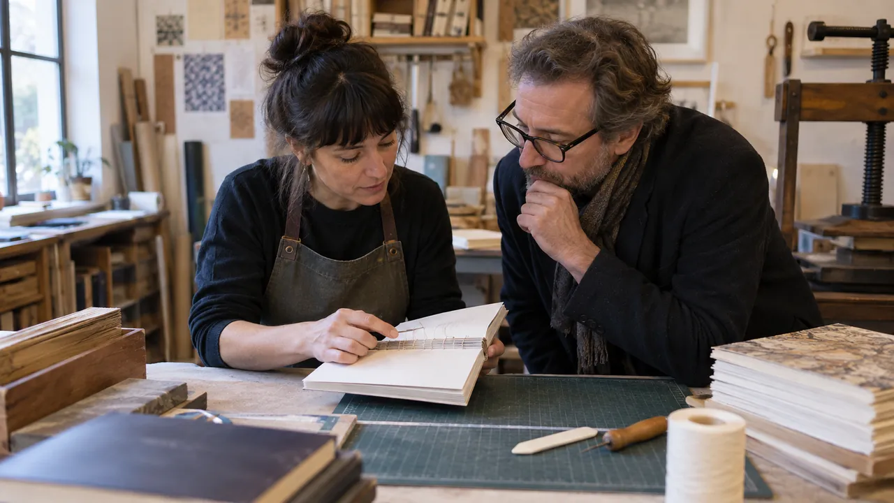 Relieuse montrant une couture de cahier à un auteur