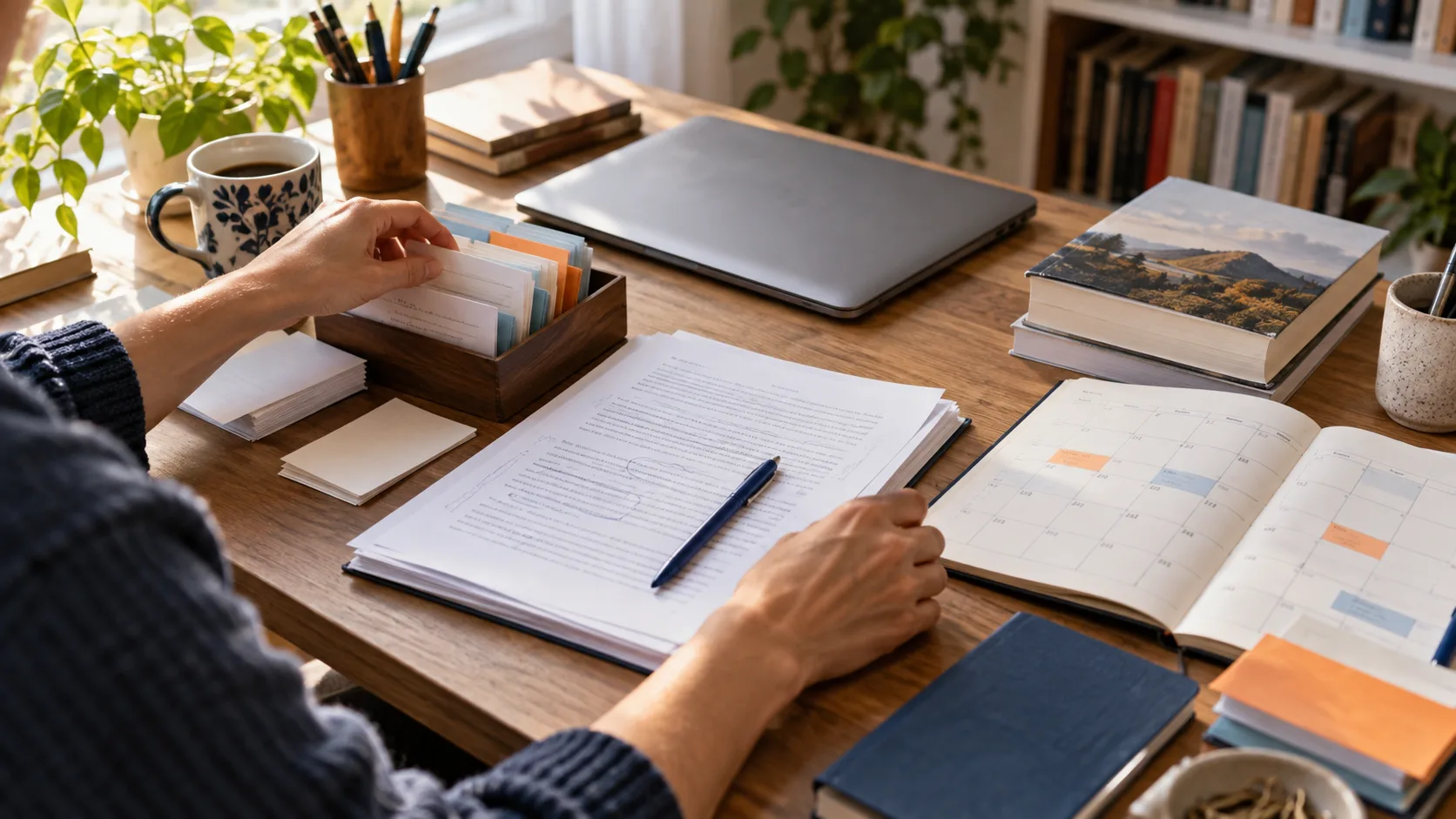 Bureau d’auteur avec manuscrit, fiches de suivi et calendrier de publication