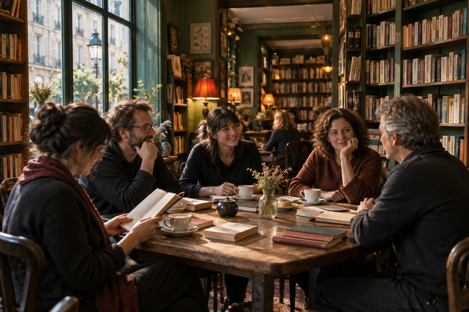 Groupe de lecteurs échangeant autour d’une table dans un café-librairie