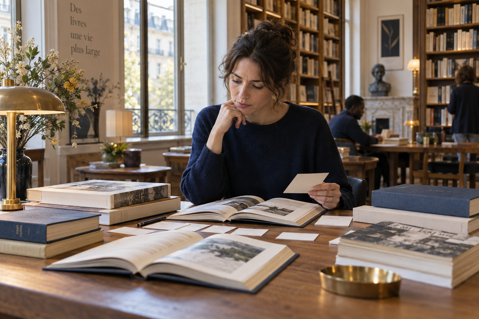 Lectrice comparant des ouvrages et des fiches dans une bibliothèque