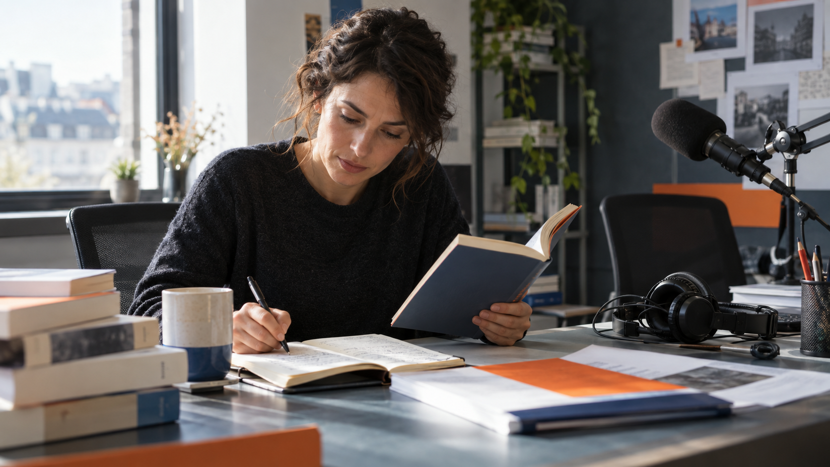 Journaliste culturelle préparant un entretien autour d’un livre