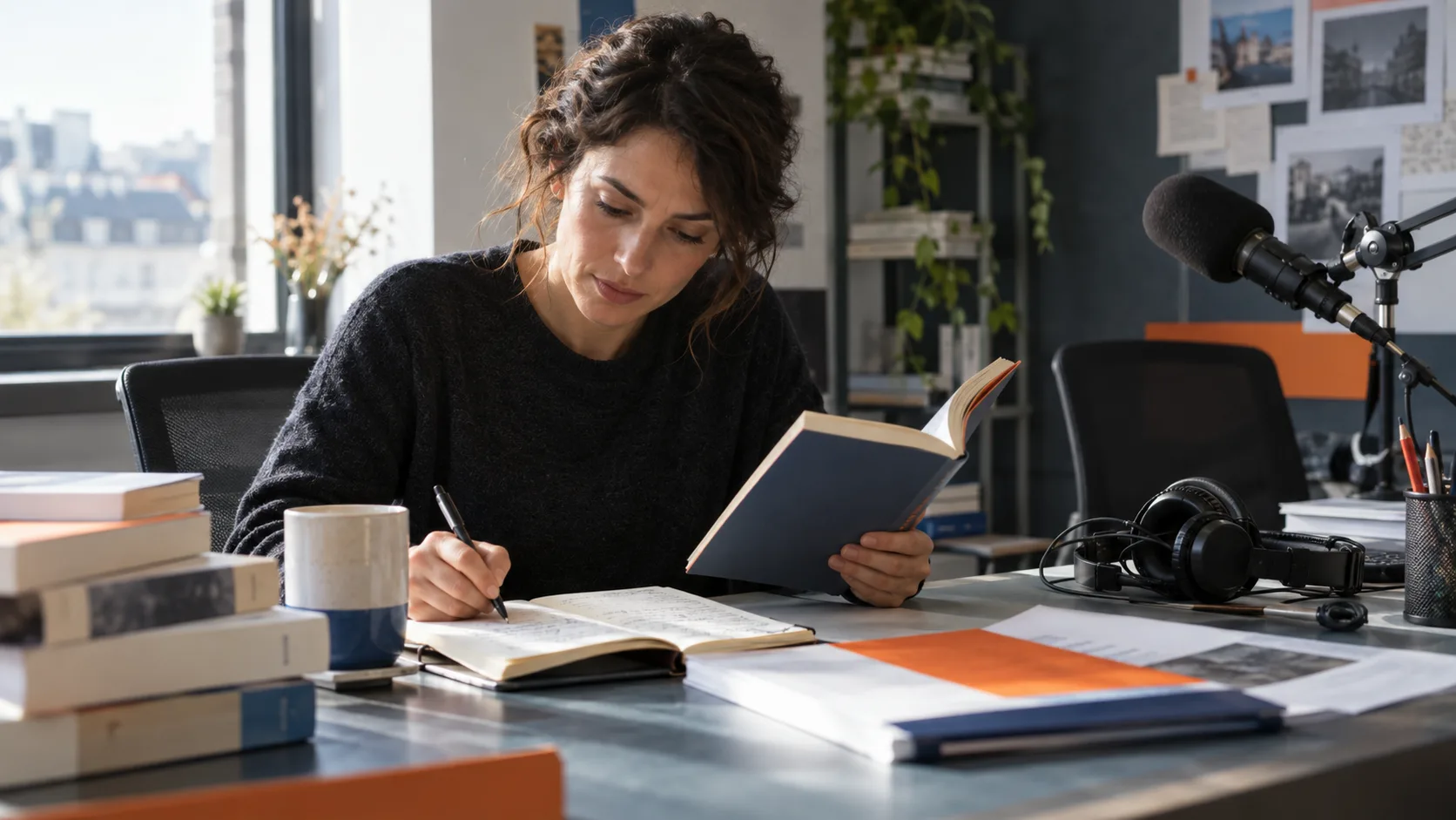 Journaliste culturelle préparant un entretien autour d’un livre