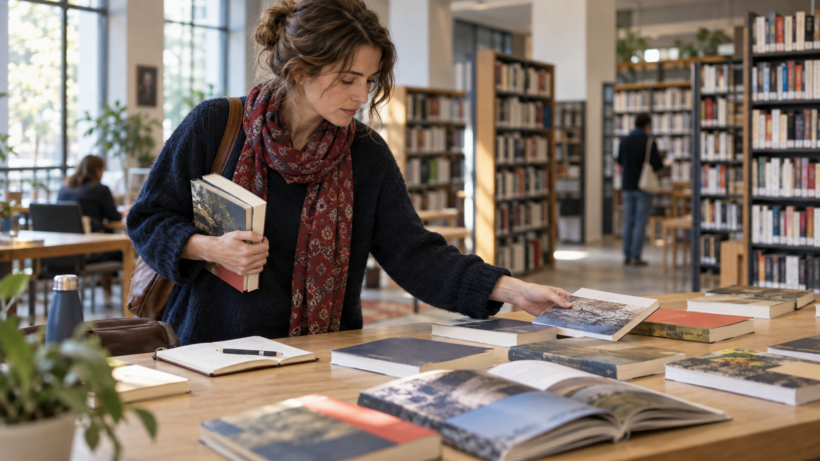 Lectrice choisissant plusieurs ouvrages sur une table de bibliothèque