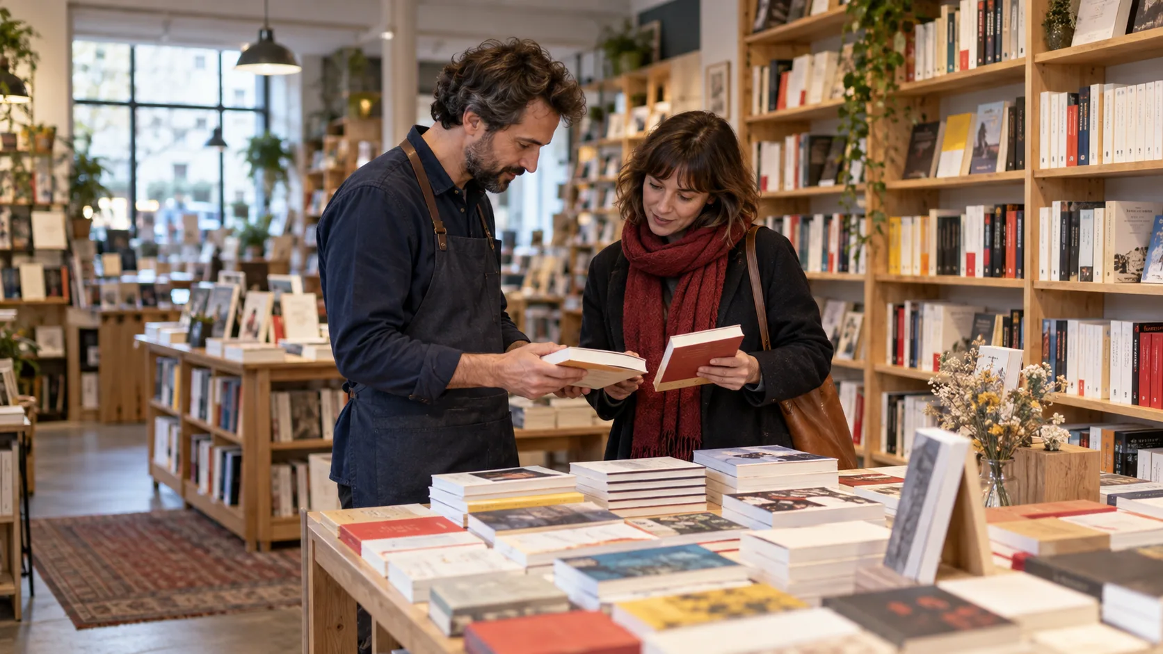 Libraire conseillant une lectrice devant une table de nouveautés