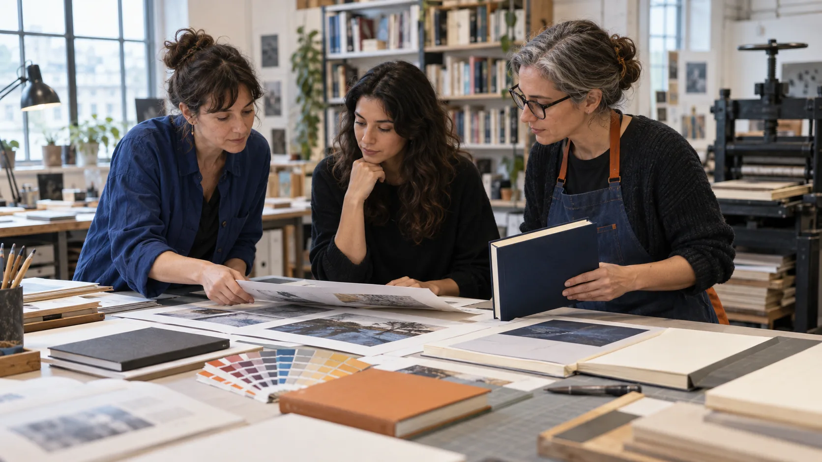 Professionnelles examinant une maquette et des choix de fabrication de livre