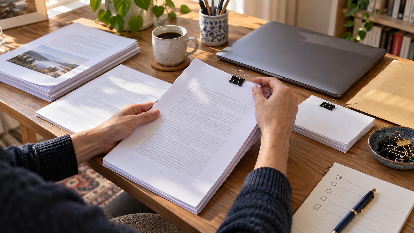 Auteur vérifiant un manuscrit imprimé et les pièces de son dossier
